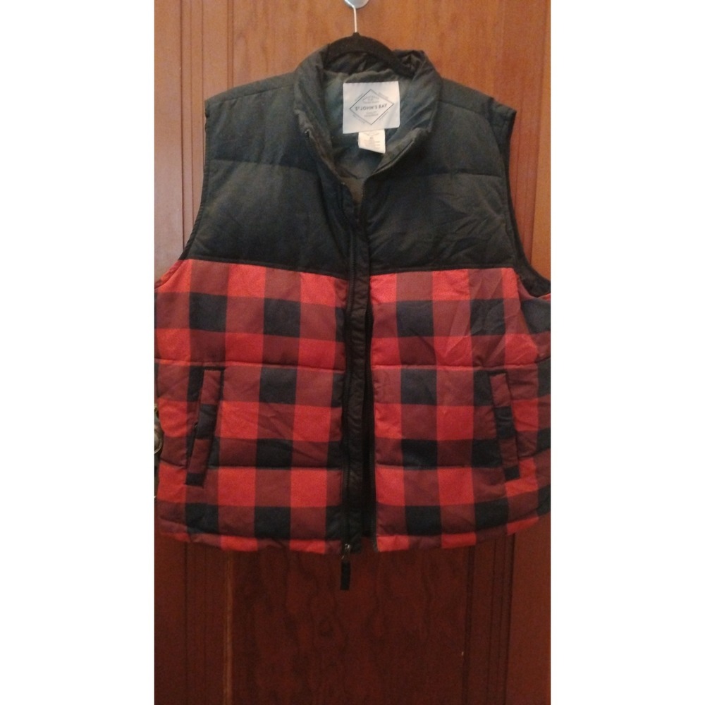St Johns Bay Mens Puffer Vest Red Black Buffalo Plaid Quilted Full Zip XL